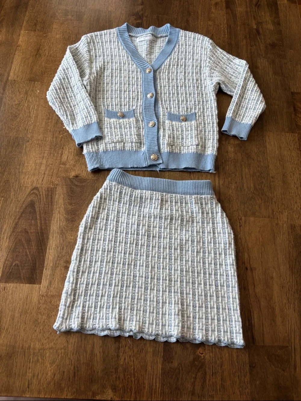 Girls White & Light Blue Knit Cardigan and Skirt Set